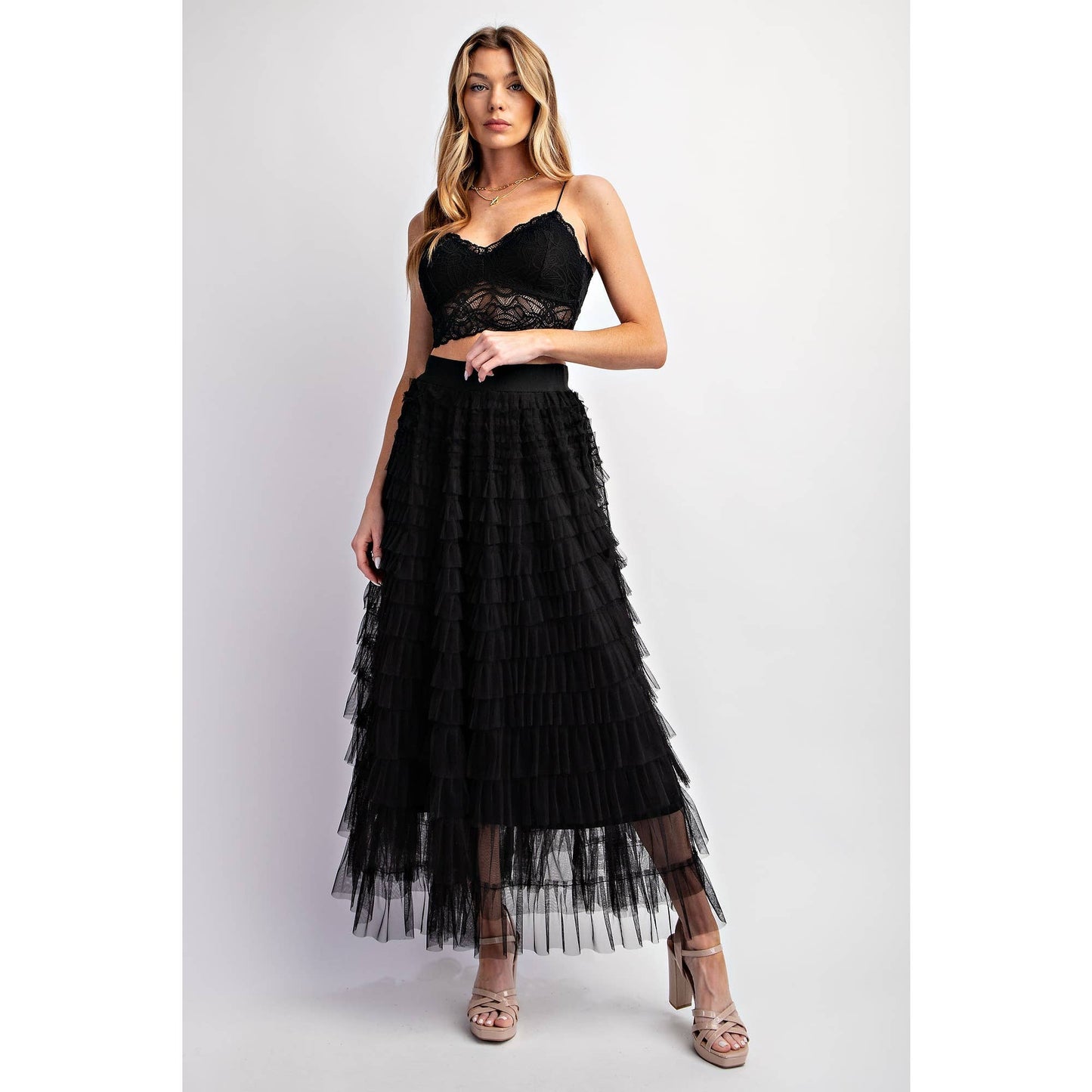 CASCADING TULLE MESH TIERED MAX SKIRT