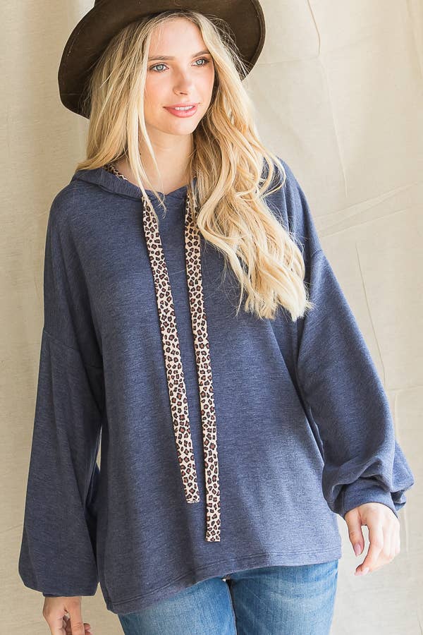 Leopard Drawstring Balloon Sleeves Pullover Hoodie T3716
