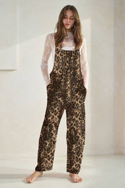 Acid Washed Leopard Printed Denim Jumpsuit