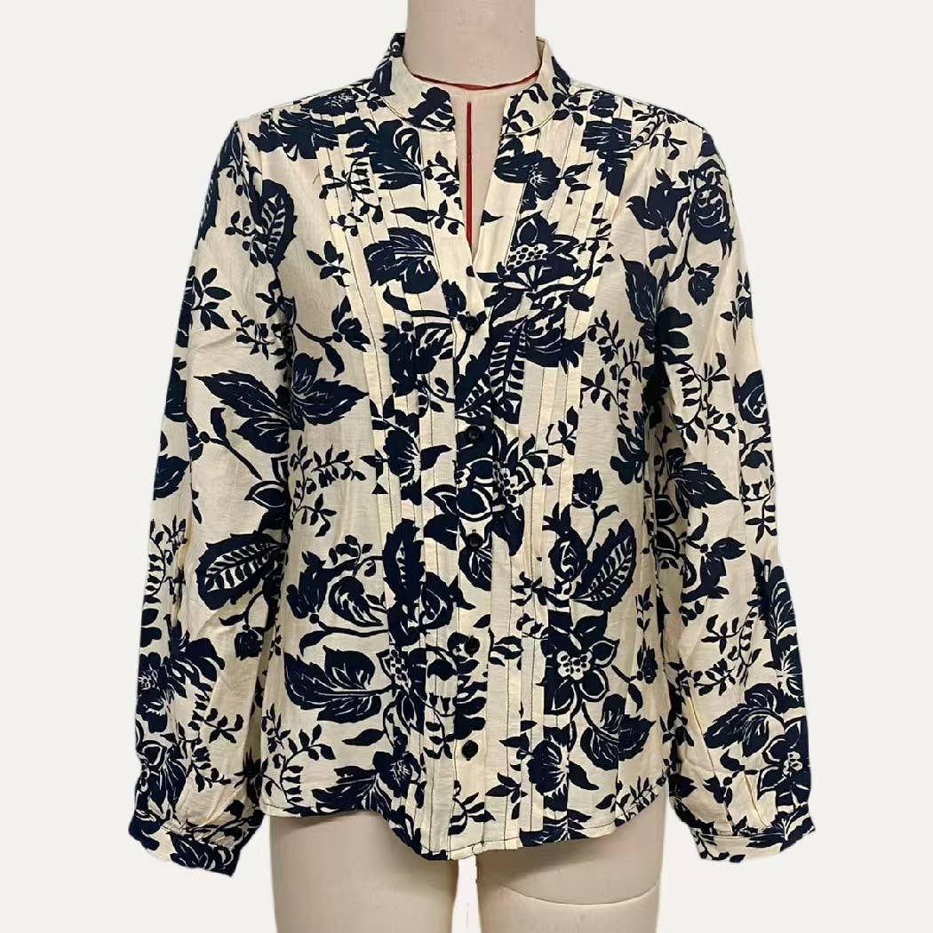 Trendy Floral Print V Neck Long Sleeve Top