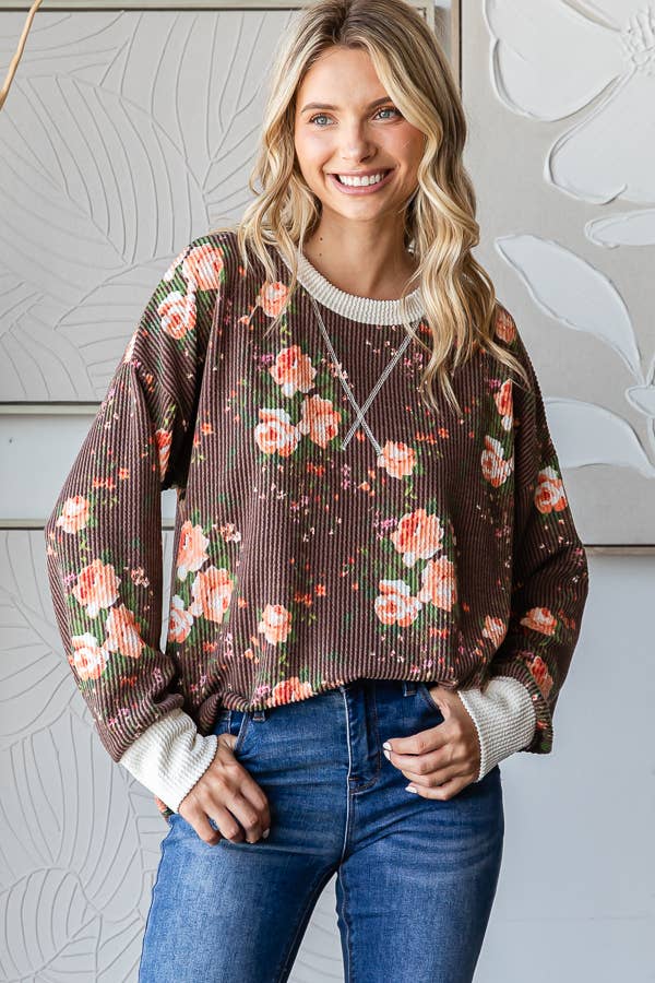 Cozy Floral Rib Drop Shoulder V-Stitch Pullover Top T5699