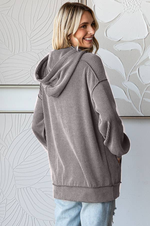 Solid Rib Drop Shoulder Front Pocket Drawstring Hoodie T5704