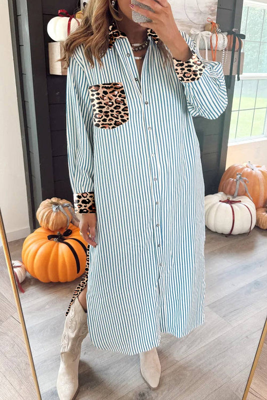 Blue Stripe Contrast Leopard Patchwork Long Shirt Dress with Slits