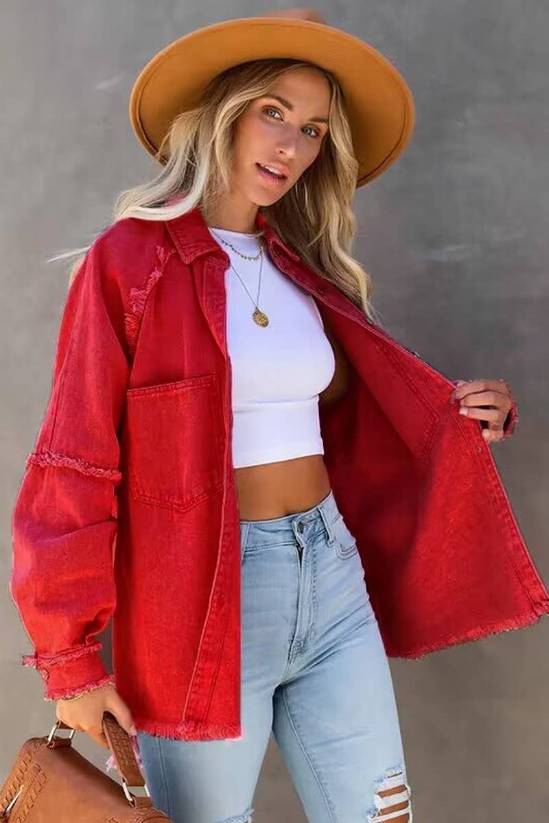 Loose raw edge patchwork pocket denim shirt jacket