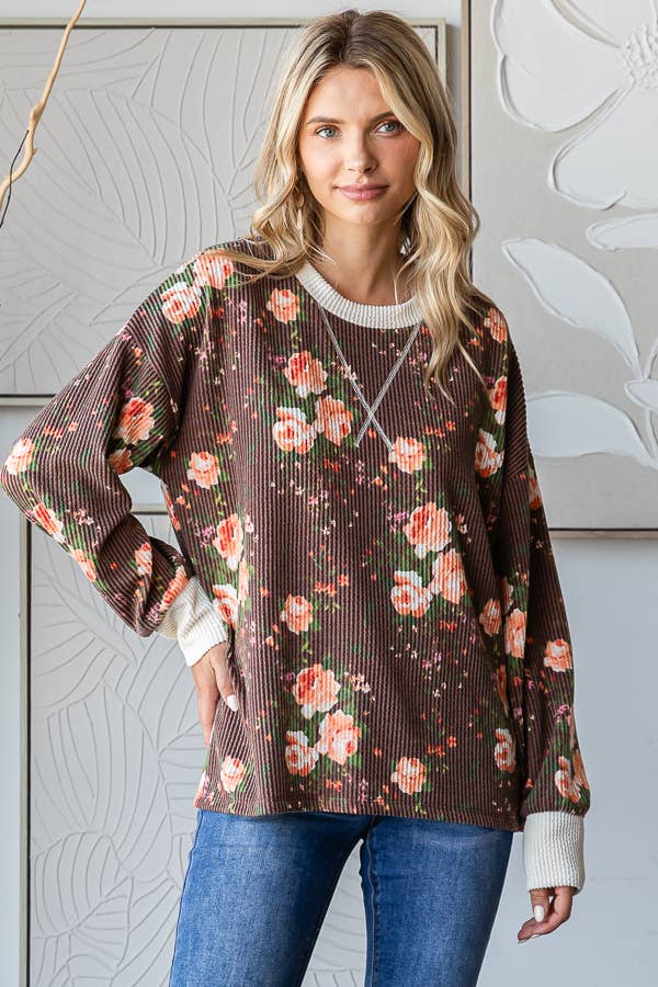 Cozy Floral Rib Drop Shoulder V-Stitch Pullover Top T5699