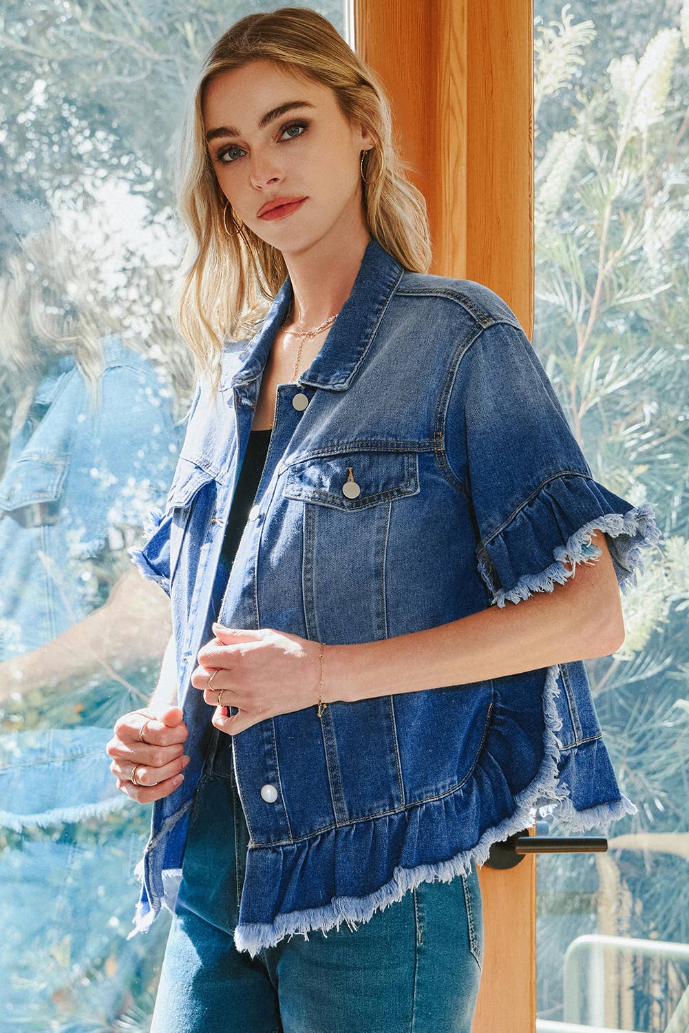 Western Fall Raw Edge Ruffle Short Sleeve Denim Jacket*S-4X