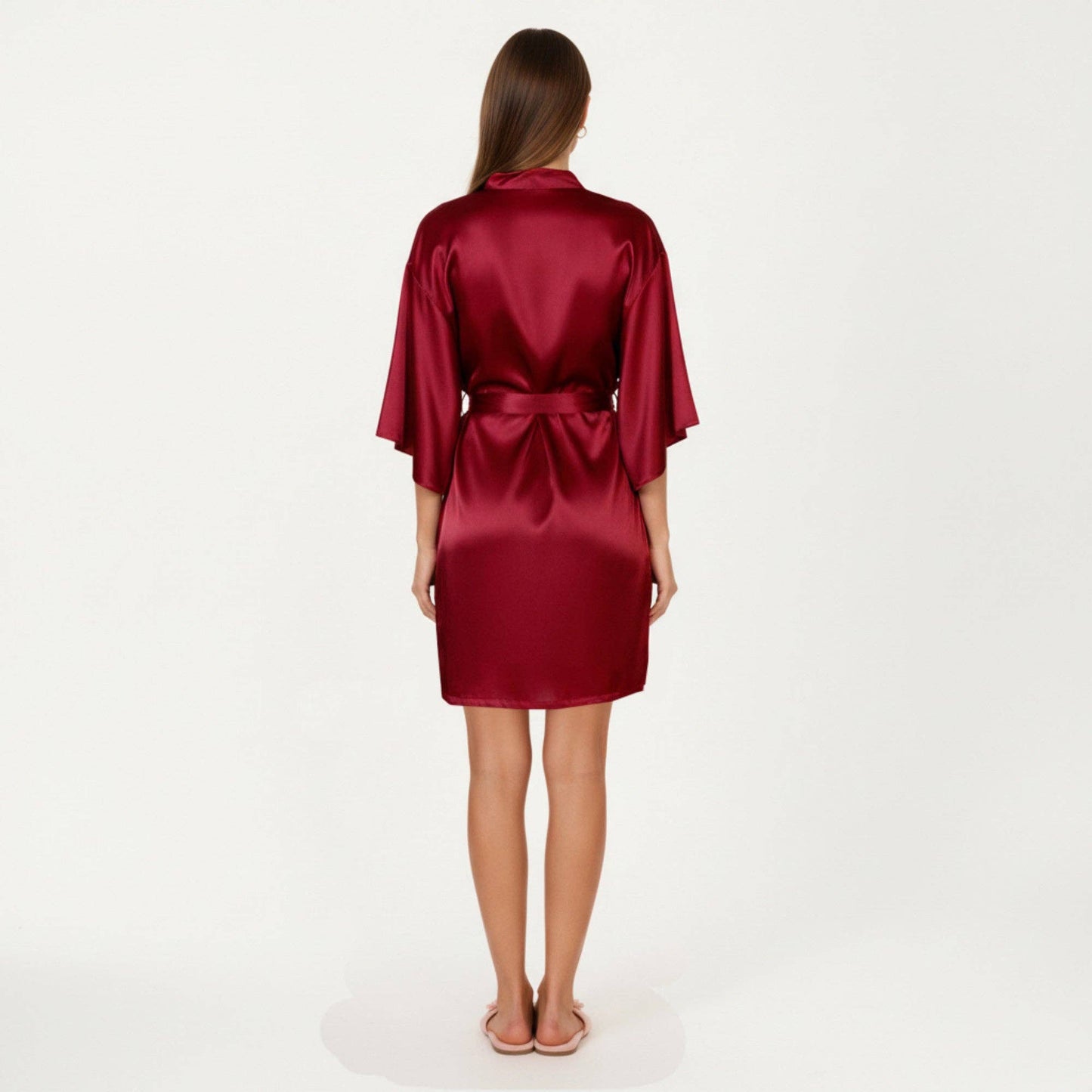 2-Piece Set Satin Slip Dress and Open Front Robe with Flowing Draped Sleeves and Lightweight Fabric