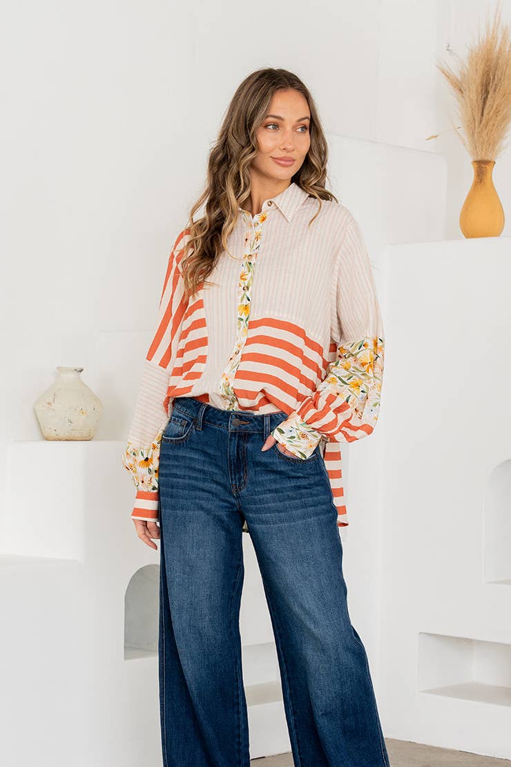 Relaxed Fit Mixed Print Button Down Shirt