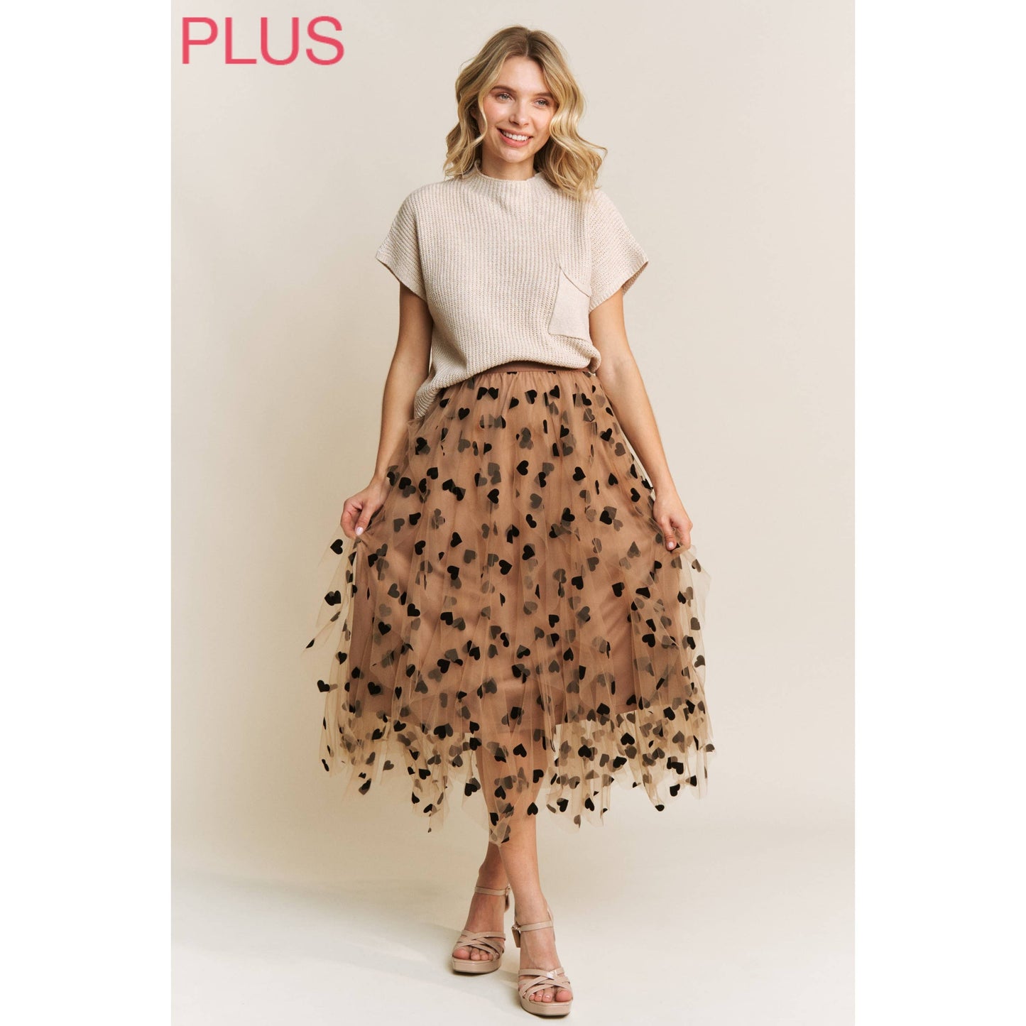 PLUS HEART VELVET FLOCKING MESH LAYERED MIDI SKIRT
