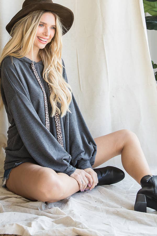 Leopard Drawstring Balloon Sleeves Pullover Hoodie T3716