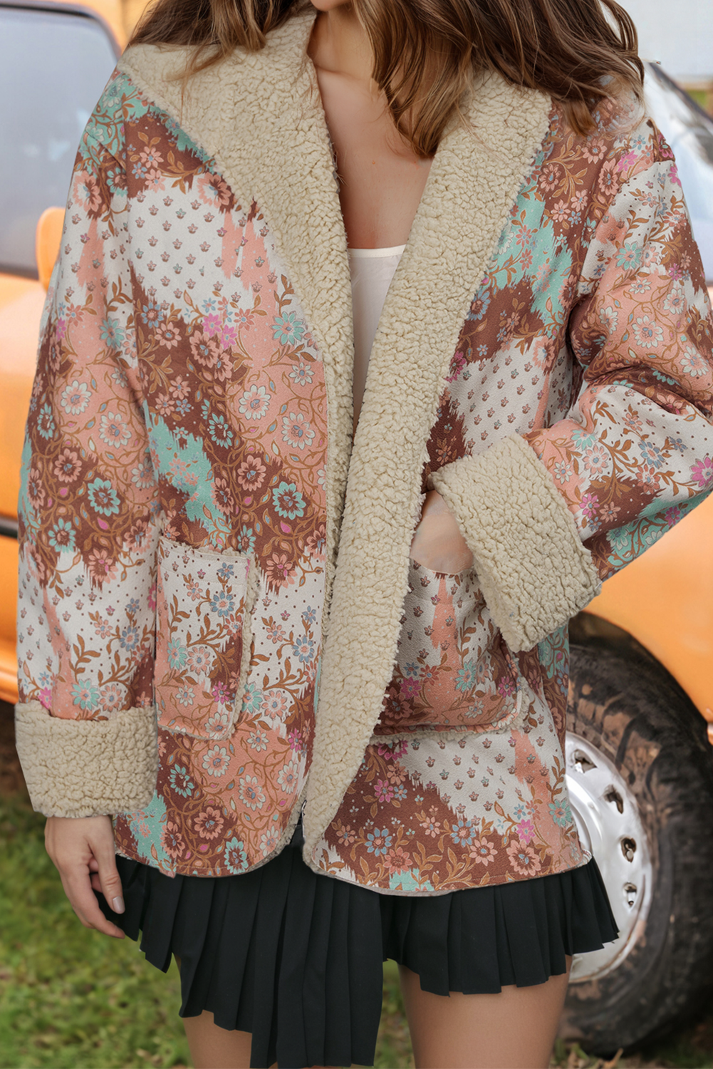Fashion-W Vintage Paisley Floral Sherpa Lined Hooded Jacket