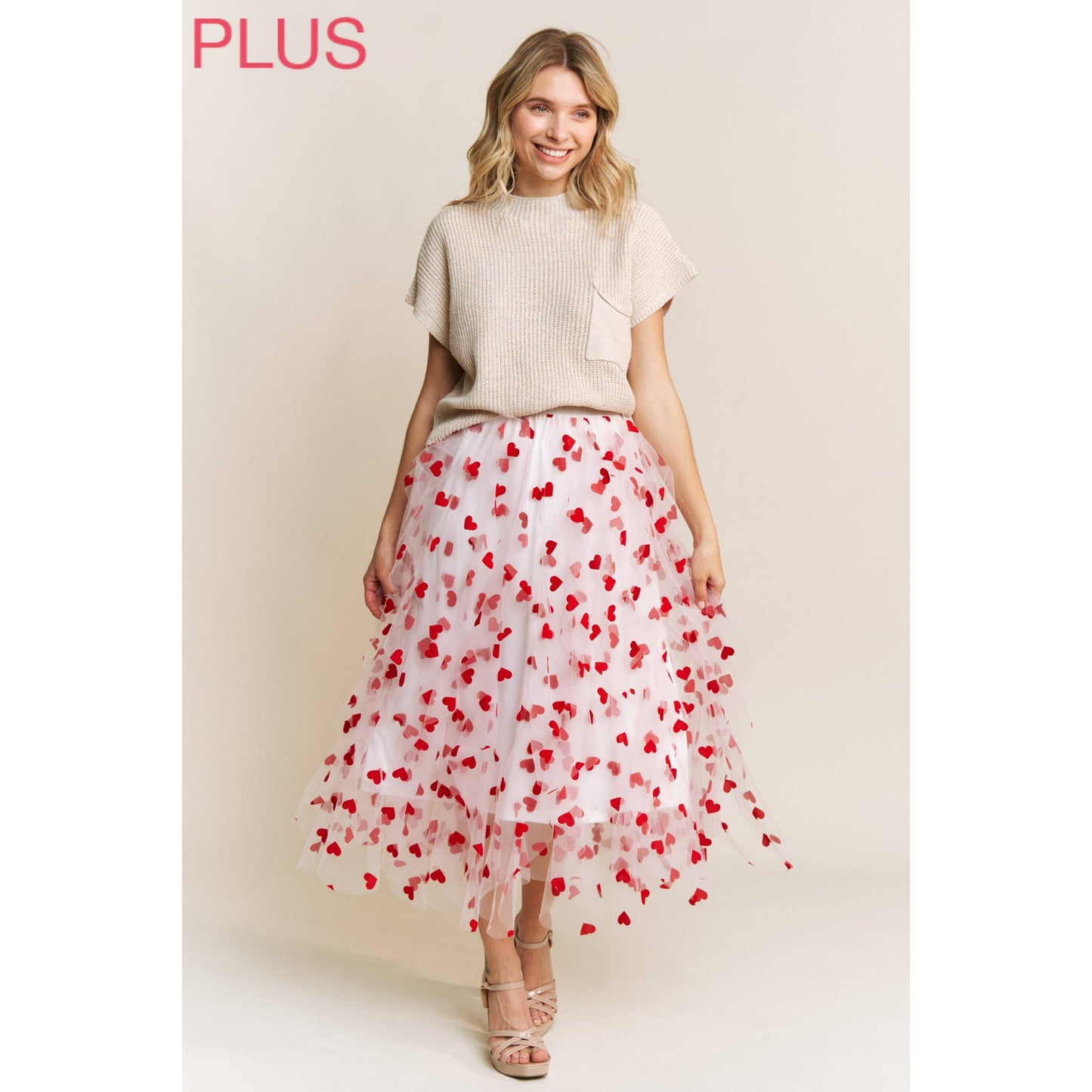 PLUS HEART VELVET FLOCKING MESH LAYERED MIDI SKIRT