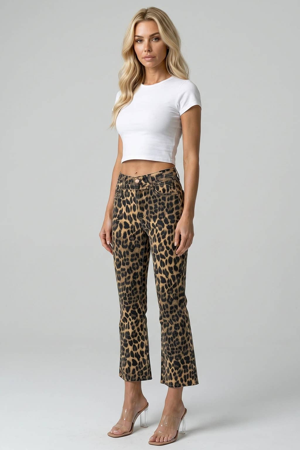 Leopard Mid Rise Yoke Kick Flare Pants