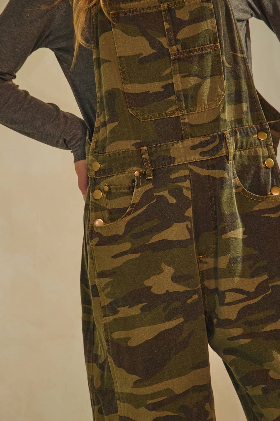 Plus Camo Denim Barrel Overall Jumpsuit