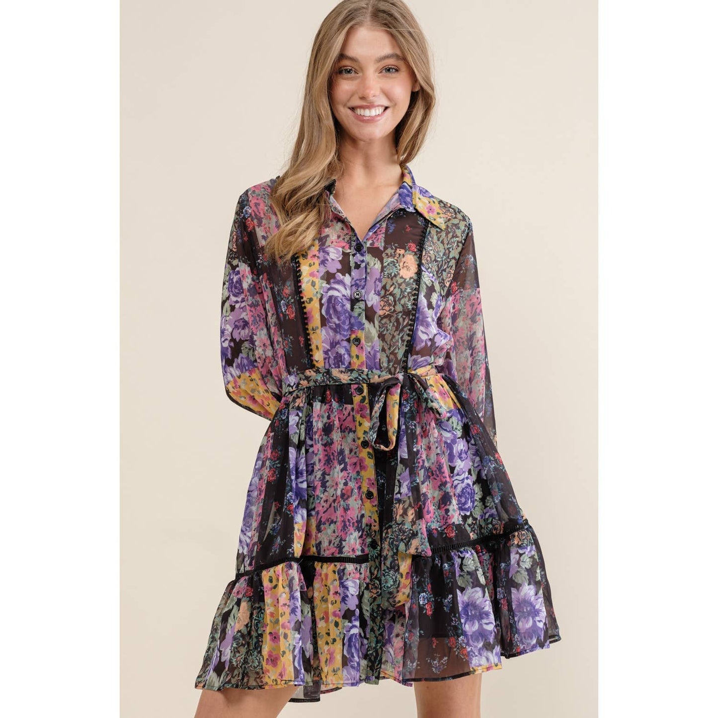 FLOWER PRINT LONG SLEEVE SHIRT DRESS