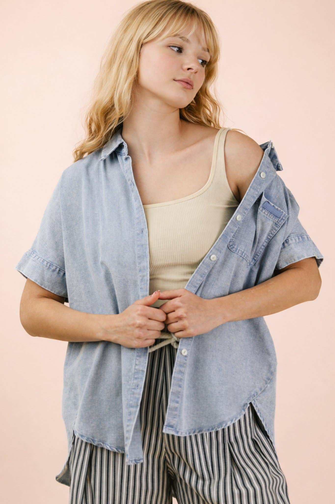 NT12493X-PLUS SIZE Mineral Washed Chambray Shirt Top