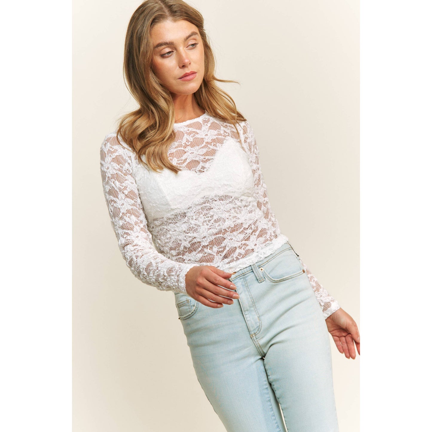 CHIC FLORAL LACE ROUND NECK DESIGN LONG SLEEVE FITTED TOP