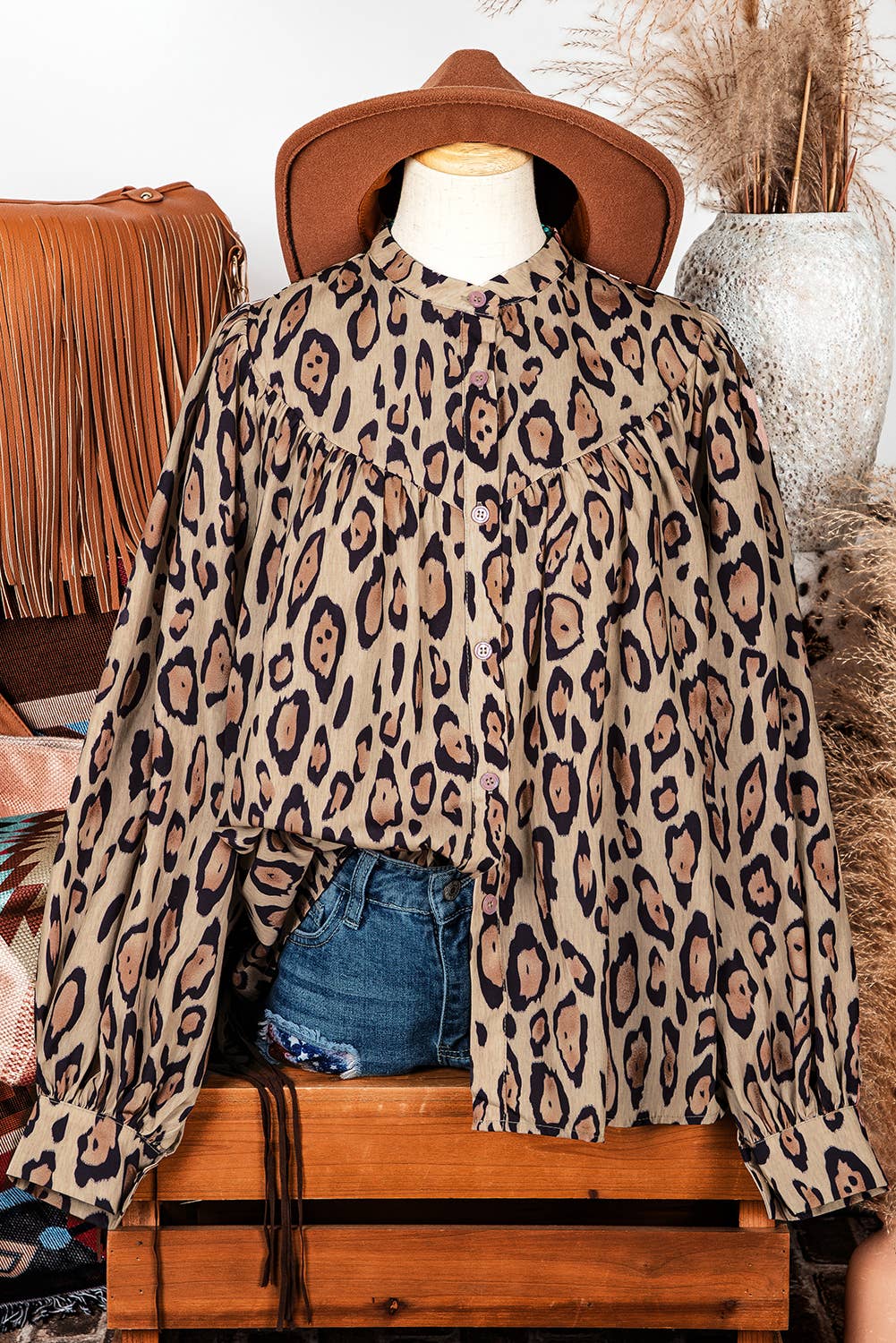 Western Oversized Leopard Print Balloon Sleeve Casual Shirt