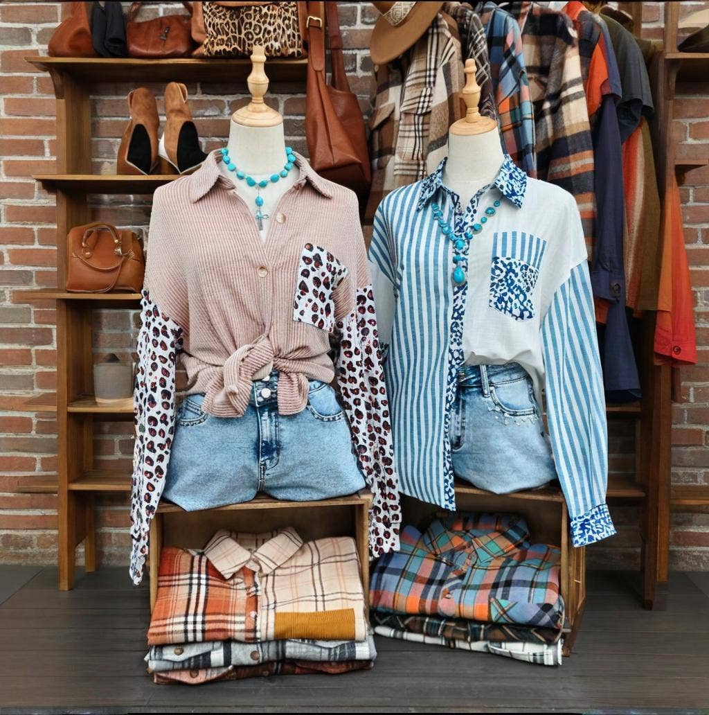 Leopard Striped Western Patchwork Button-up Shirt (S-4X)