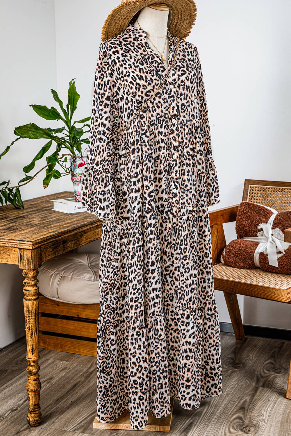 Fashion Western Leopard Tiered Wide Sleeve Maxi Dress