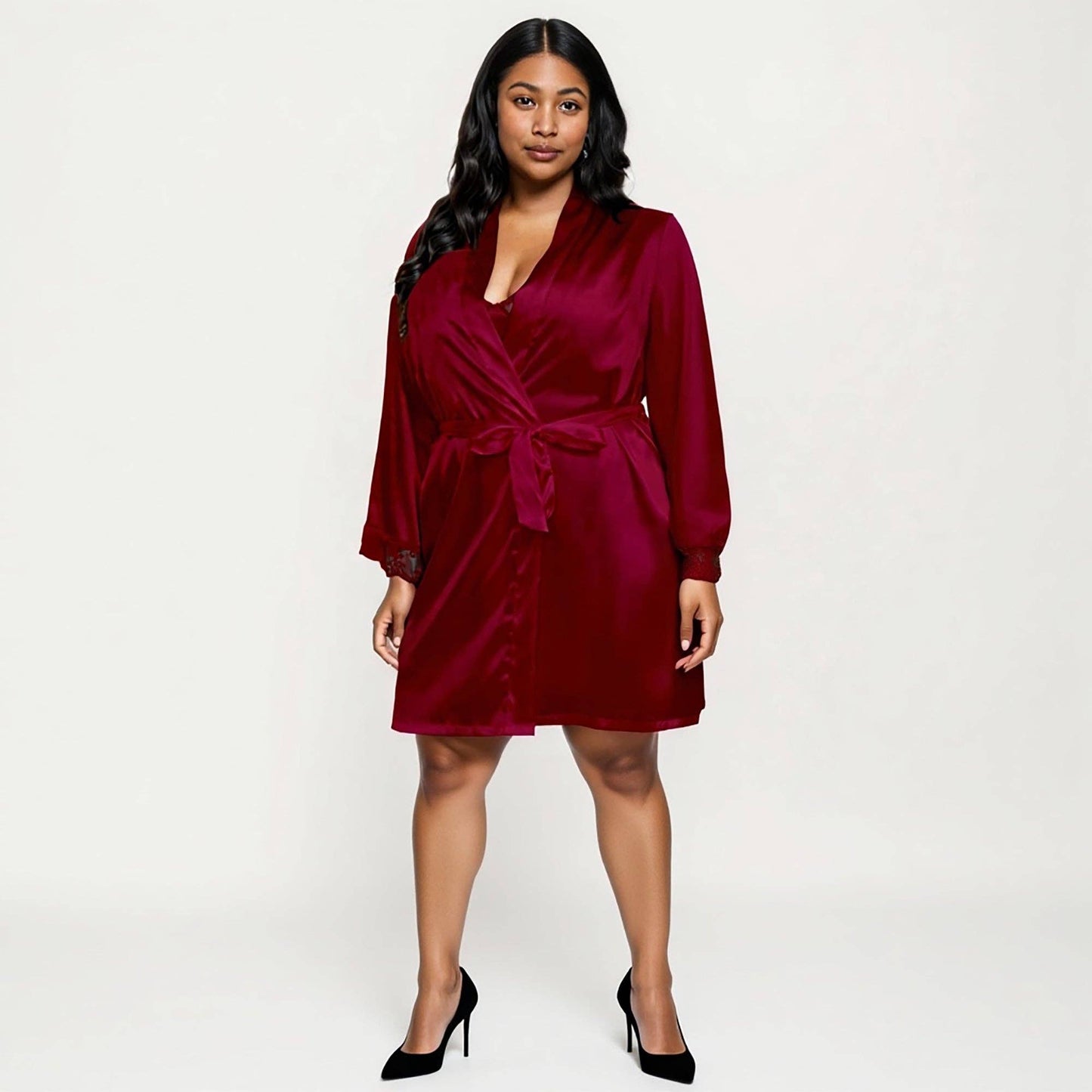 PLus Size Satin Robe and Slip Set with Soft Lace Trim on Sleeves and Delicate Sheen