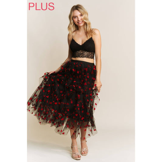 PLUS HEART VELVET FLOCKING MESH LAYERED MIDI SKIRT