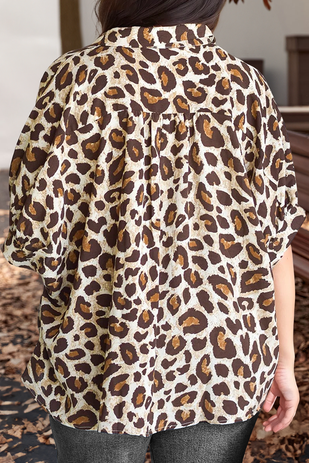 Plus Size Leopard Print Short Sleeve Buttoned Shirt