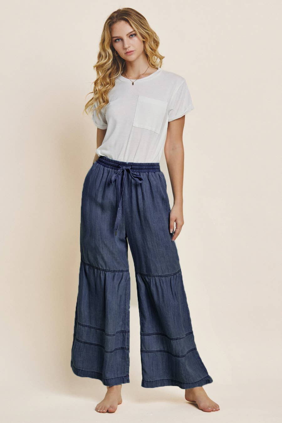 Washed Denim Tiered Wide Leg Pants