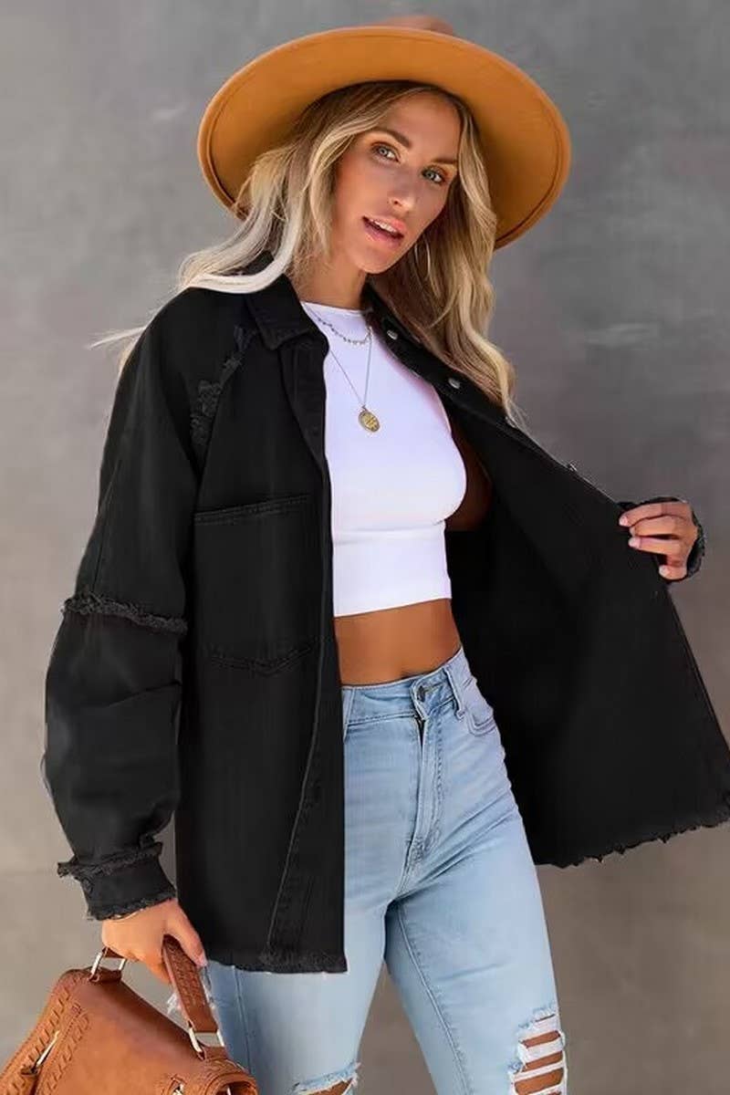 Loose raw edge patchwork pocket denim shirt jacket