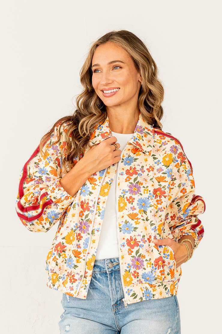 Plus Floral Zip Up Jacket with Side Pockets