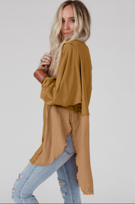 Crinkle Splicing Raw Hem High Low Oversized Blouse
