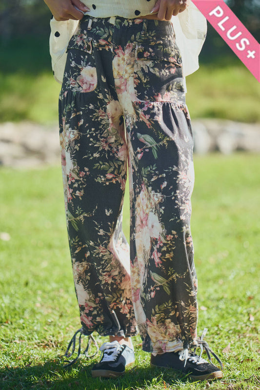 PLUS FLORAL PRINT DENIM WIDE MID HIGH WAIST PANT