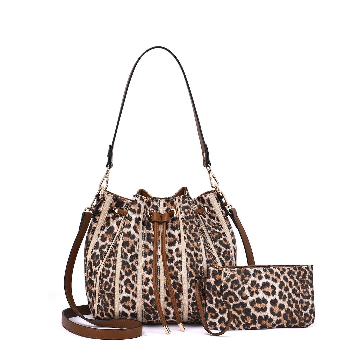 Marla Two-Toned Drawstring Bucket Bag with Pouch
