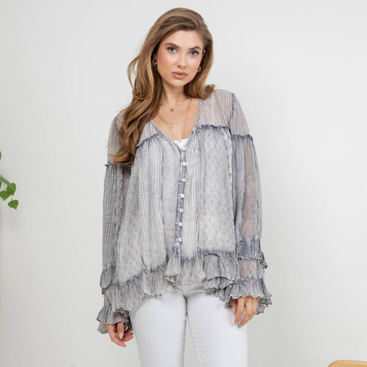 Dreamy Sheer V-Neck Ruffled Button-Front Top