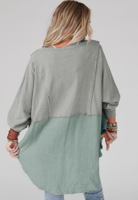 Crinkle Splicing Raw Hem High Low Oversized Blouse