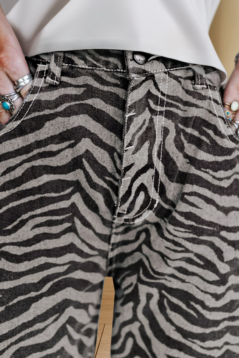 Plus Size Zebra Stripe Printed Wide Leg Jeans