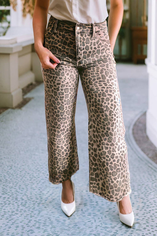 LDC Leopard Frayed Edge Wide Leg High Waist Jeans