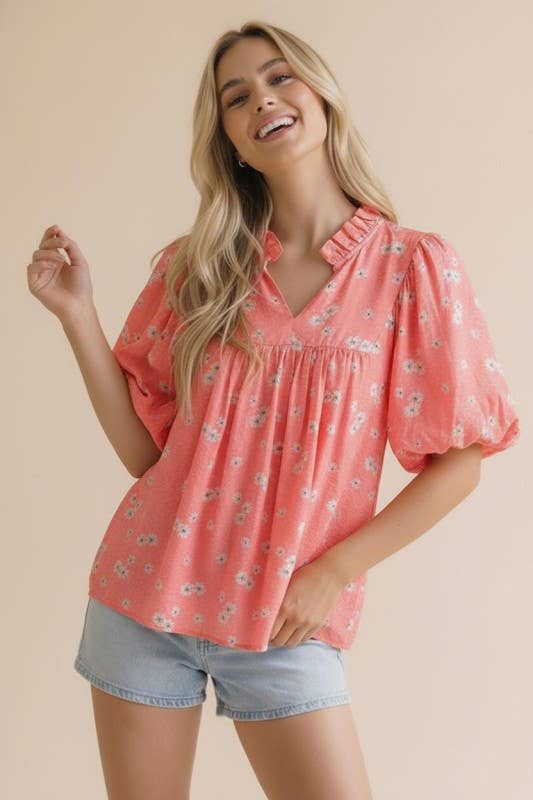 Frilled Notch Neck Short Sleeve Floral Blouse