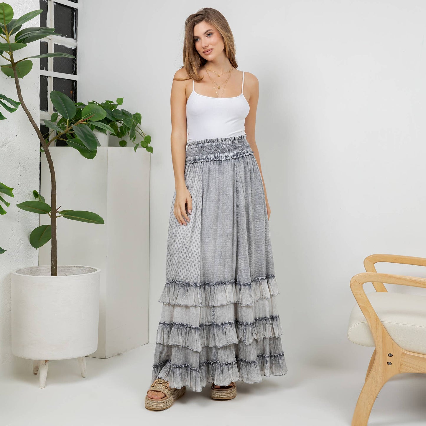 Rustic Textured Smocked Waist Ruffled Tiered Maxi Skirt