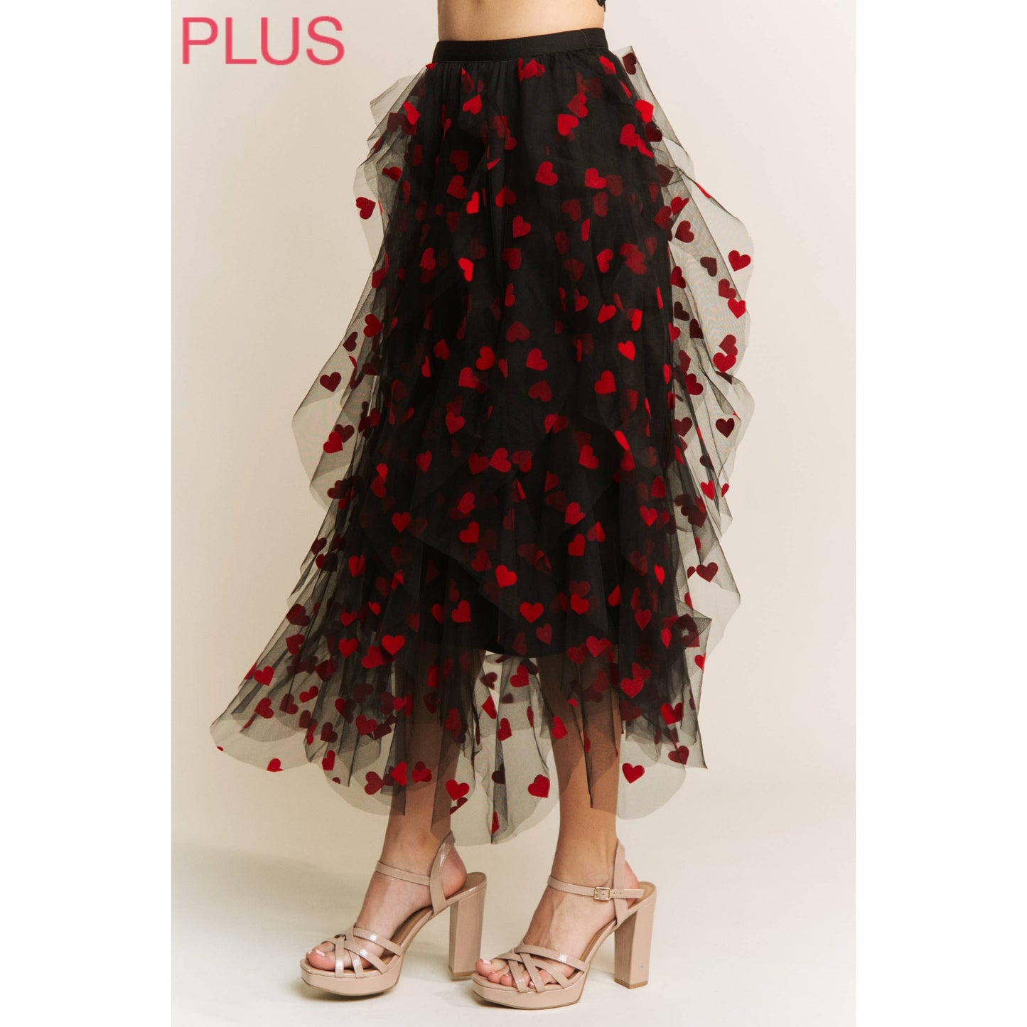 PLUS HEART VELVET FLOCKING MESH LAYERED MIDI SKIRT