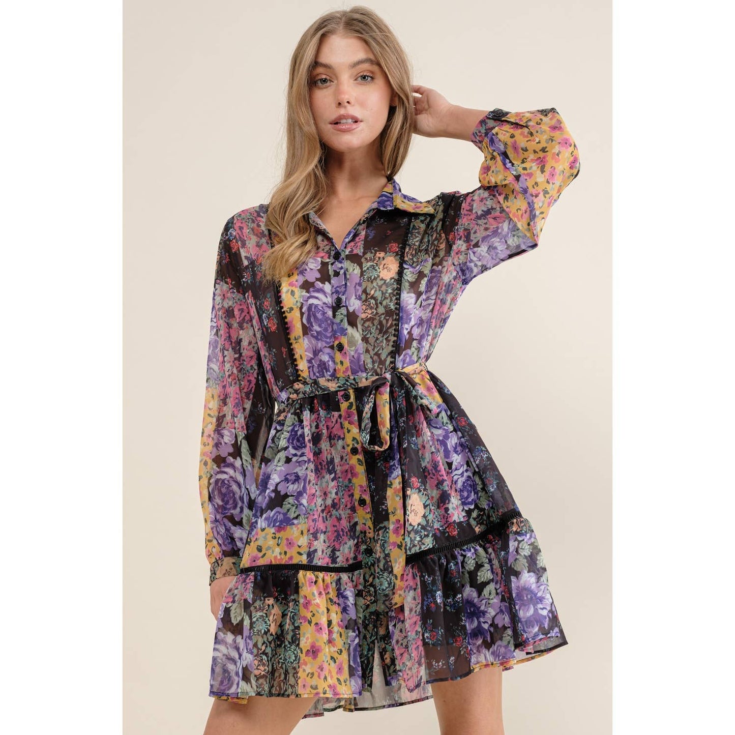 FLOWER PRINT LONG SLEEVE SHIRT DRESS