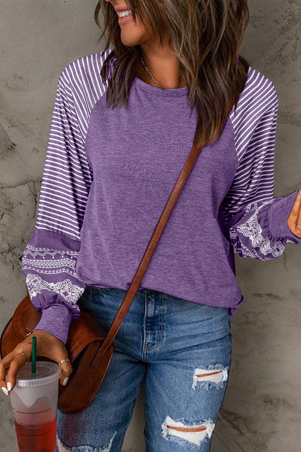 Tillandsia Purple Contrast Print Striped Raglan Long Sleeve Loose Top