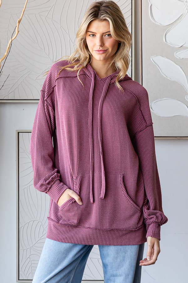 Solid Rib Drop Shoulder Front Pocket Drawstring Hoodie T5704