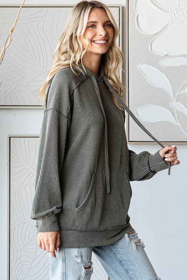 Solid Rib Drop Shoulder Front Pocket Drawstring Hoodie T5704