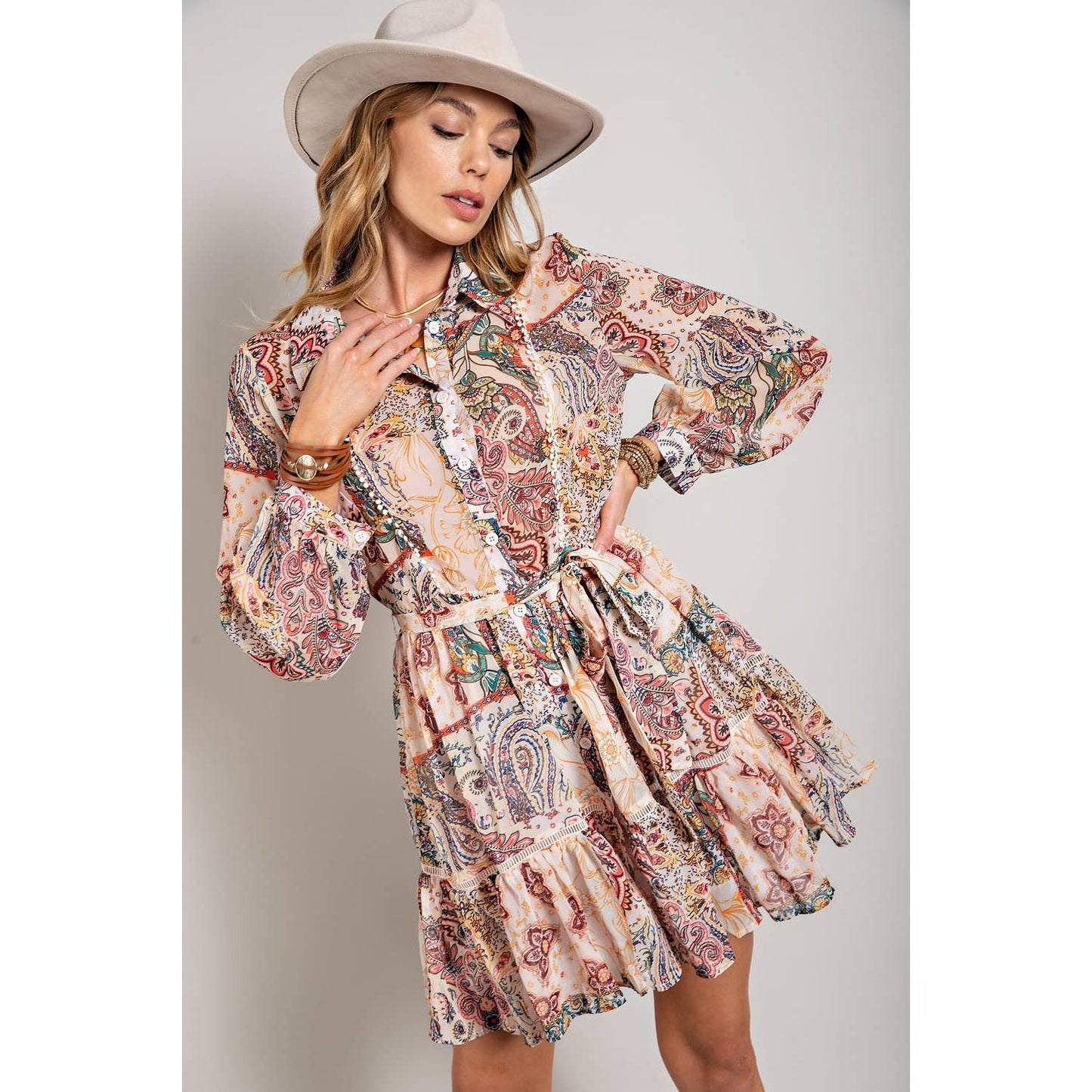 FLOWER PRINT LONG SLEEVE SHIRT DRESS