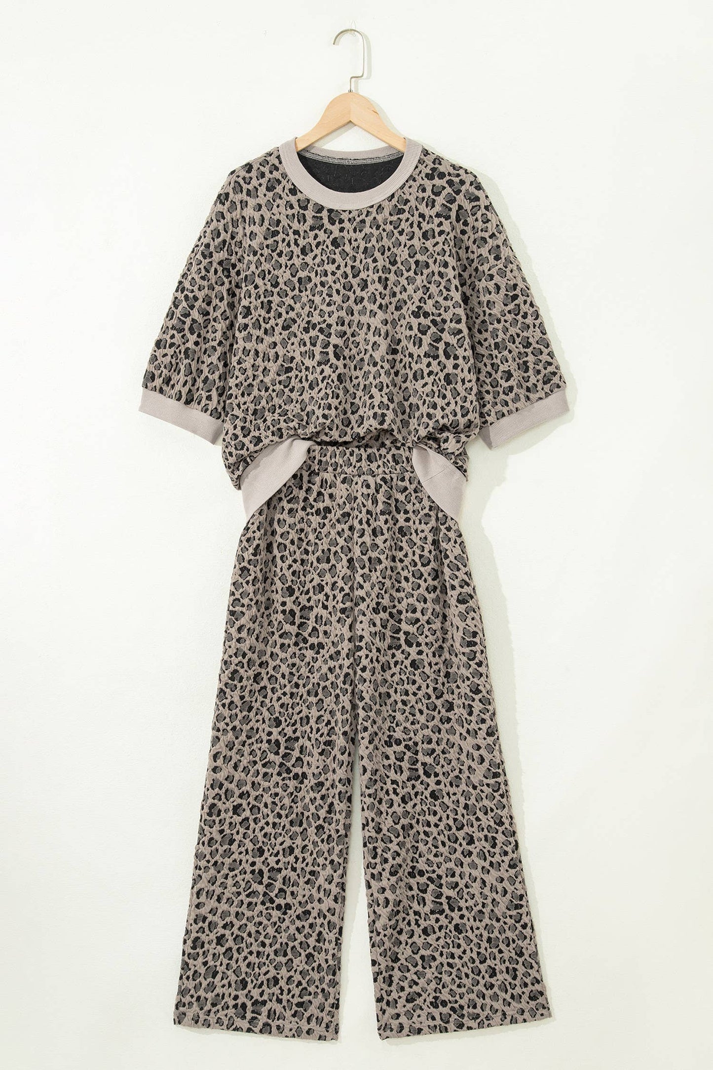 Jacquard Leopard Half Sleeve Jumper Wide Leg Pant Set (S-XL)