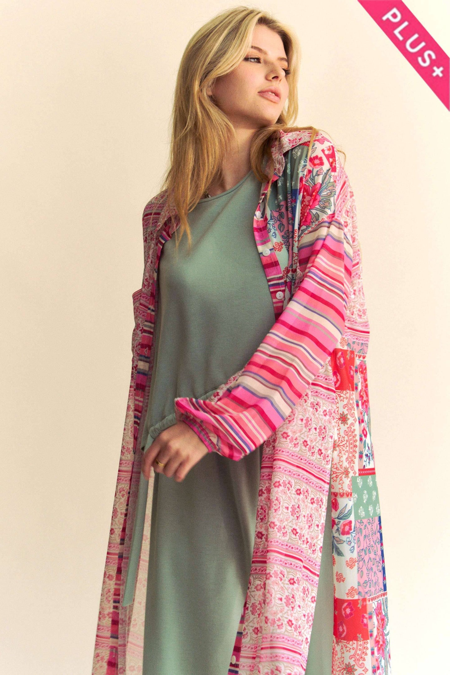 PLUS BUTTON FRONT MAXI SHIRT COVER-UP TOP