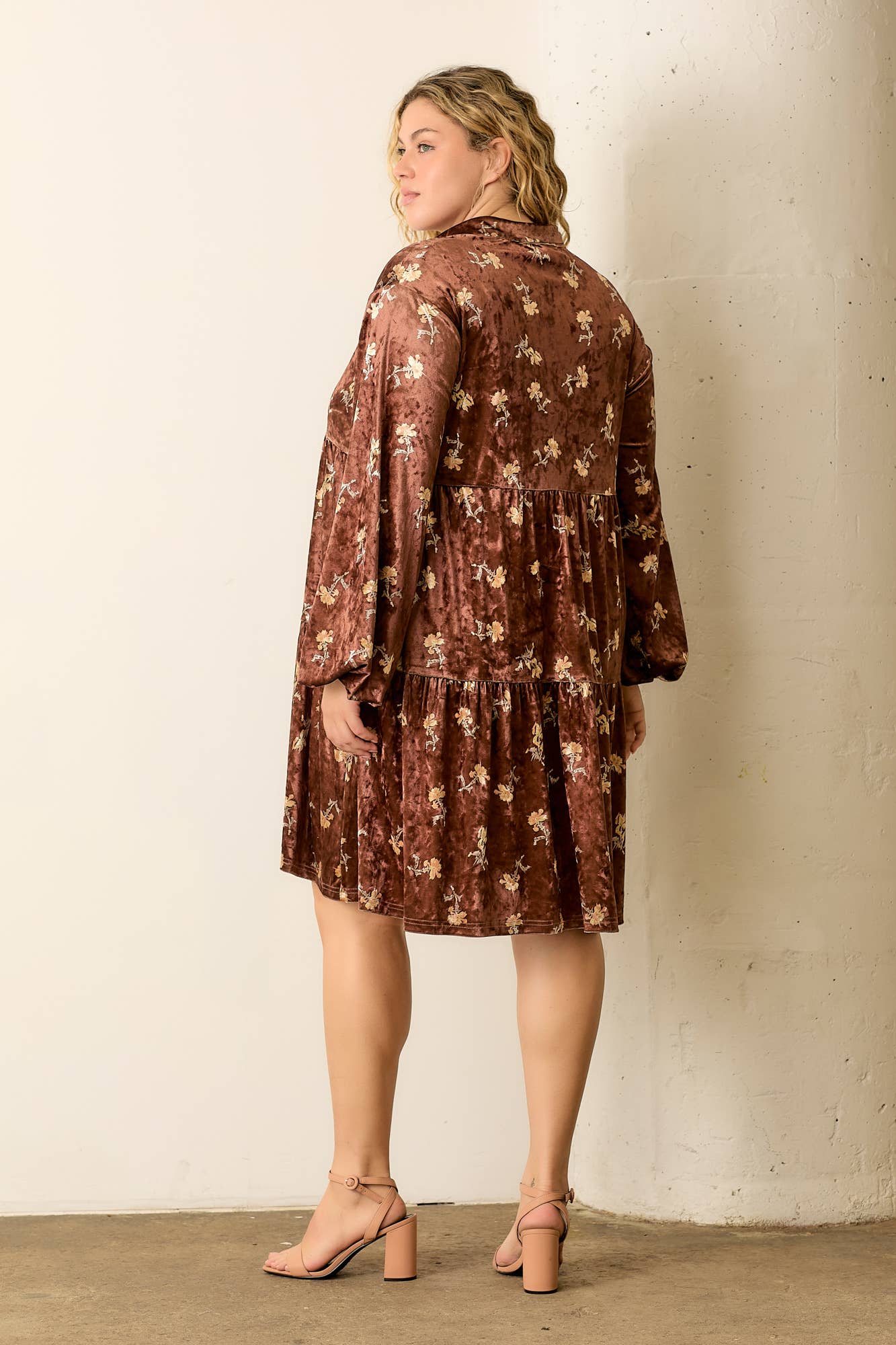(PLUS SIZE) FLORAL PRINT VELVET COLLAR DRESS
