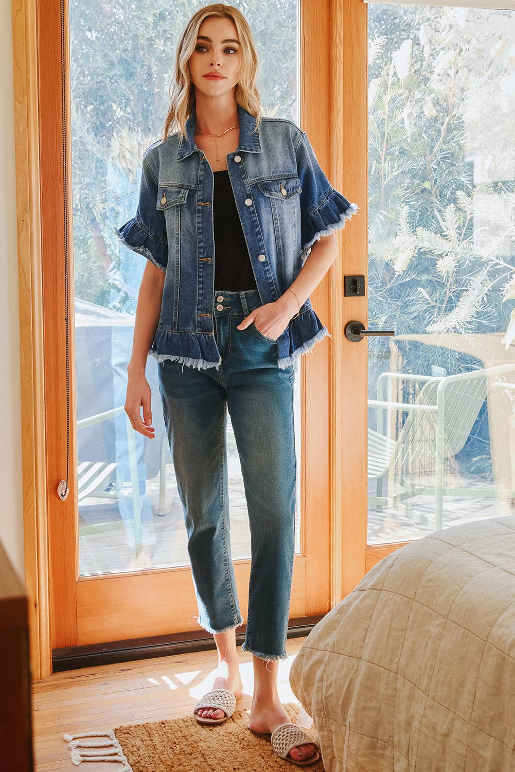 Western Fall Raw Edge Ruffle Short Sleeve Denim Jacket*S-4X