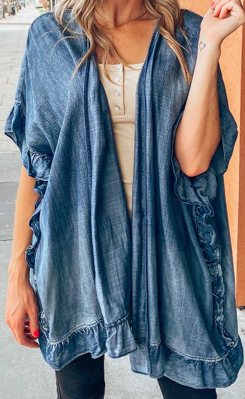 Chambray Ruffle Hem Half Sleeve Open Loose Kimono